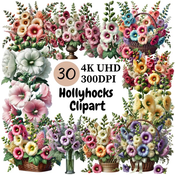 Malvarrosas: 30 imágenes PNG florales coloridas (descarga digital)