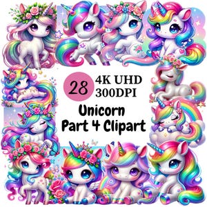Unicorn Clipart (P4) – 28 PNG, Adorable Rainbow Unicorns, Magical Stars, Hearts & Clouds, Fairy Tale Unicorns with Rainbows and Sparkles