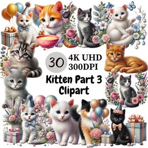Kitten Clipart (P3) - 30 PNG, Cute and Playful Kittens Adorable Poses, Cuddly Cat Illustrations, Unlimited Commercial Use, Digital Download