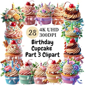 Birthday Cupcake Clipart (P3) - 28 PNG, Colorful and Cute Cupcakes with Candles, Sprinkles and Decorations for Fun Party Designs