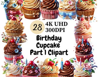 Birthday Cupcake Clipart: 28 PNG Party Designs (Digital Download)