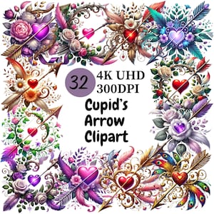 Cupid&#39;s Arrow Clipart - 32 PNG, Delightful Collection of Whimsical Arrows with Heart Details in Vibrant Colors, Unlimited commercial