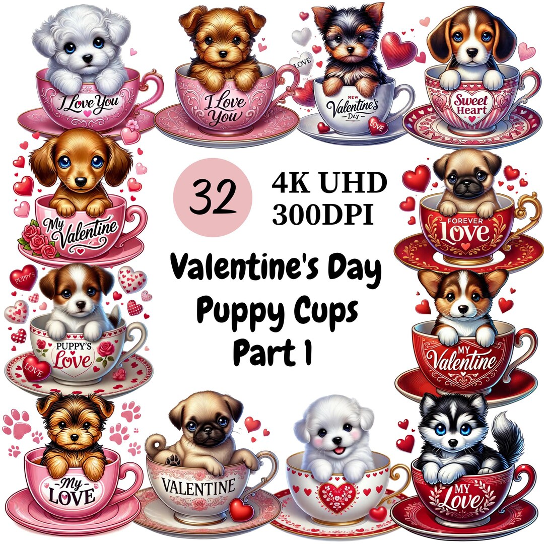 Valentine's Day Puppy Cup Clipart (P1) - 32pcs, Cute Puppy, Dog Graphic ...