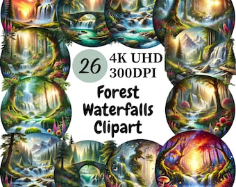 Forest Waterfall Clipart: Serene Nature Scenes (26 PNG Digital Download)