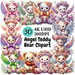 Clipart de ursinho de pelúcia anjo - 30 PNG, ursos adoráveis com características angelicais, halos suaves e asas delicadas, uso comercial ilimitado