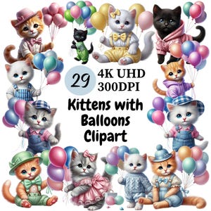 Kittens with Balloons Clipart - 29 PNG, Cute and Playful and Adorable Cats Floating with Colorful Balloons, Unlimited Commercial Use