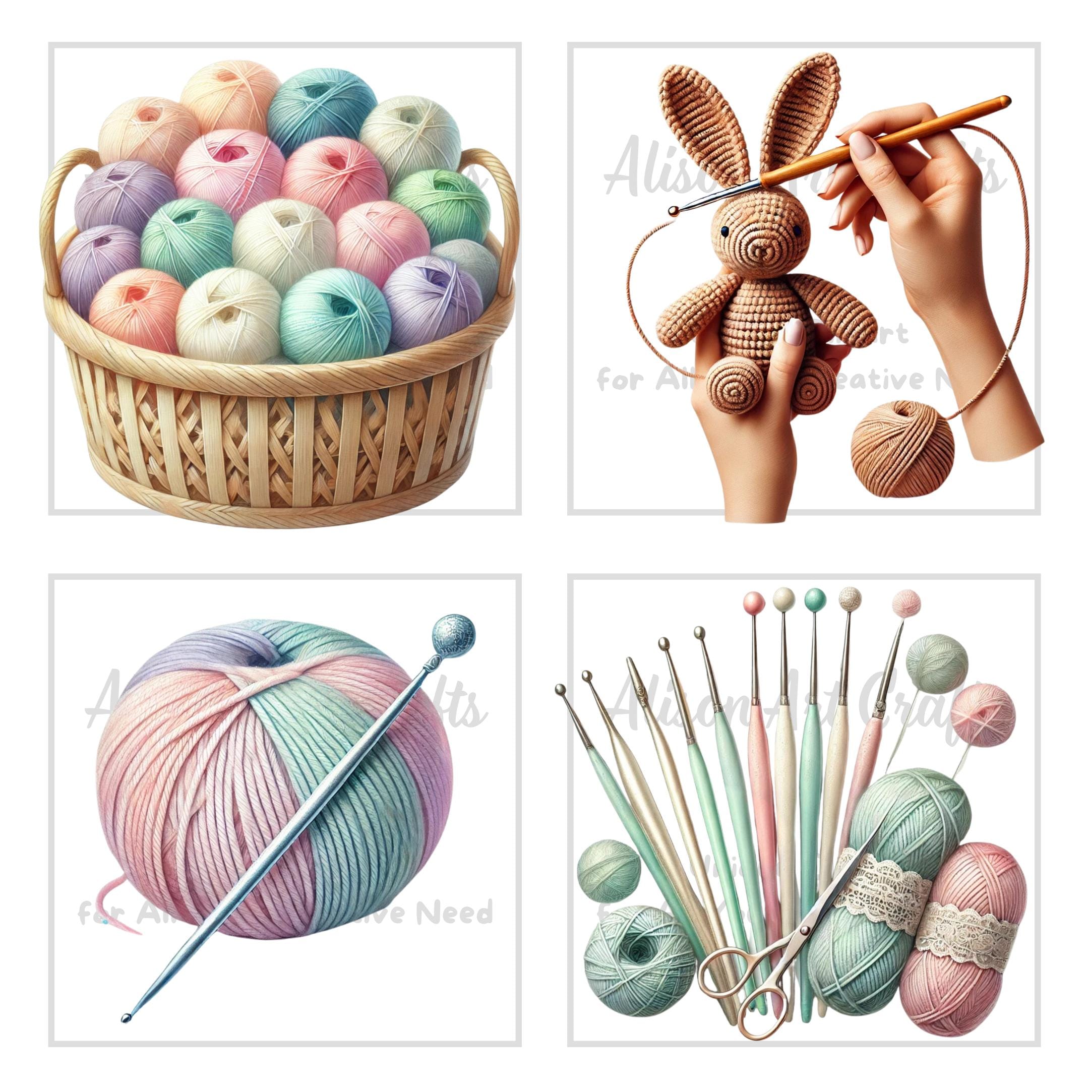 Crochet Clipart Set - 29 PNG, Colorful Yarn Balls, Crochet Hooks ...