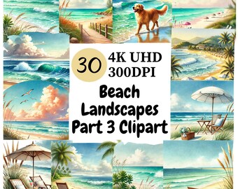 Beach Landscapes Clipart: Tropical Seaside Scenes (Digital Download, 30 PNGs, Commercial Use License)