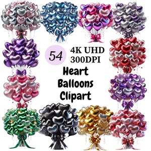 Heart Balloons Clipart - 54 PNG, Colorful Love Balloon Graphics for Valentine&#39;s, Wedding Decor, Birthday Party Invitations, Digital Download