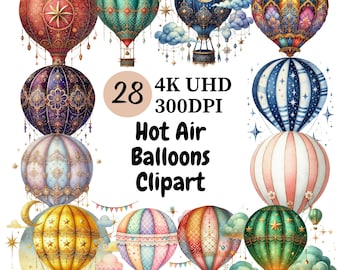 Clipart de globos aerostáticos: 28 gráficos PNG coloridos, diseños originales (uso comercial)