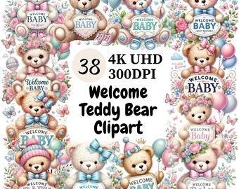 Willkommen Teddy Bär Clipart: Baby Shower Grafiken (digitaler Download)