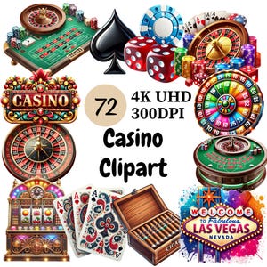 Casino Clipart - 72 PNG, Vegas Style Gaming Graphics, Slot Machines, Poker Chips, Dice, Cards, Digital Download, Unlimited Commercial Use