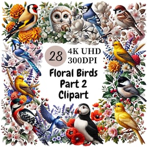 Floral Birds Clipart (P2) - 28 PNG, Elegant and Colorful Birds with Flowers, Charming Birds Adorned with Flowers, Unlimited Commercial Use