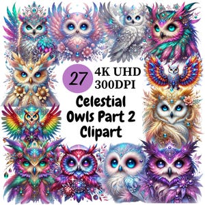 Celestial Owls Clipart (P2) - 27 PNG, Mystical and Starry Owls Under the Moon and Stars, for Fantasy and Cosmic Themed Creations