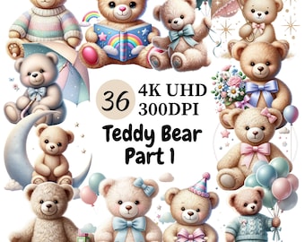 Teddy Bear Clipart: 38 Adorable Bear Graphics (PNG Digital Download)