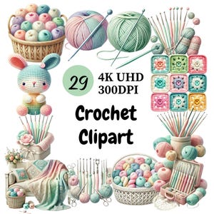Crochet Clipart Set - 29 PNG, Colorful Yarn Balls, Crochet Hooks, Crochet Patterns & Projects, Digital Download, Unlimited Commercial Use