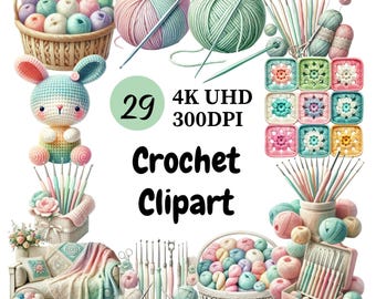 Crochet Clipart Set: Colorful Yarn, Hooks, Patterns (Digital Download)