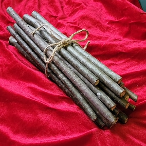 May include: A bundle of slender, gray-brown wooden sticks tied together with twine. The sticks have a natural, textured appearance and are arranged on a red velvet surface. The twine is knotted in the center, securing the bundle.