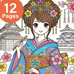 JAPANESE princess Coloring Pages, Fantasy, Digital PRINCESS Coloring Book, Digital Download, Adult Coloring Book, KAWAII, 12pages