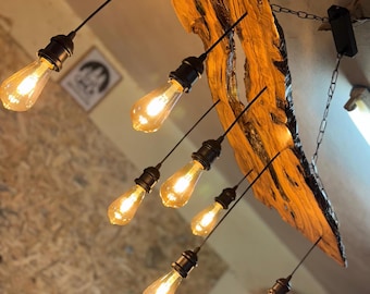 Wood Chandelier Pendant: Live Edge Olive Wood Ceiling Light, Rustic Dining Room Fixture