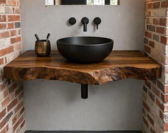 Live Edge Walnut Floating Vanity, Solid Wood Counter for Vessel Sink, Rustic Handmade Furniture