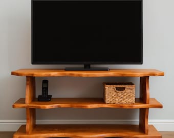 Live Edge Wooden TV Stand, Rustic Solid Wood TV Console with Shelves, Handmade Natural Edge Media Unit