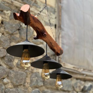 Può includere: Lampadario rustico con tre paralumi in metallo nero sospesi a un ramo di legno naturale. I paralumi ospitano lampadine in stile Edison, creando un bagliore caldo e invitante. Il ramo è di un ricco colore marrone, aggiungendo un elemento naturale al design.