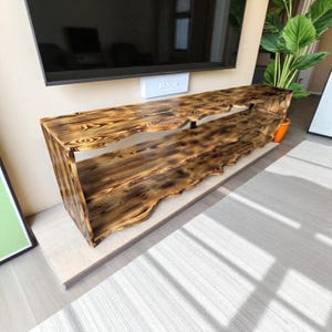 Live Edge Rustic TV Stand, Handmade Burnt Wood Media Console, Industrial Storage Unit