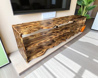 Live Edge Rustic TV Stand, Handmade Burnt Wood Media Console, Industrial Storage Unit
