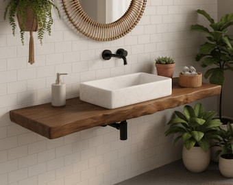 Live Edge Walnut Vanity Shelf, Wall Mounted Floating Bathroom Countertop