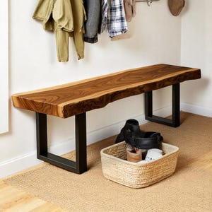 Live Edge Wood Bench with Black Metal Legs, Handmade Rustic Entryway or Dining Bench, Natural Solid Wood Hallway Furniture