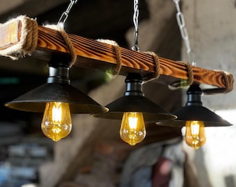 Luminária de teto rústica de madeira e metal, luminária pendente industrial feita à mão com corda, lustre com lâmpada Edison estilo fazenda para cozinha ou sala de jantar