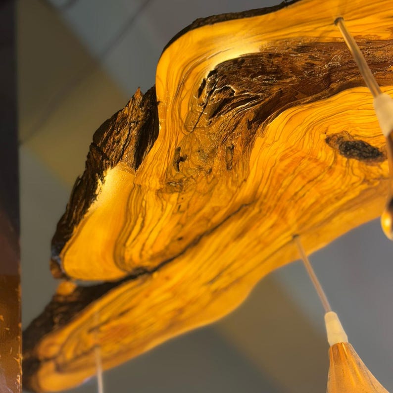 May include: A close-up of a wooden pendant light fixture with a natural wood grain pattern. The light fixture is made from a single piece of wood and has a unique, organic shape.