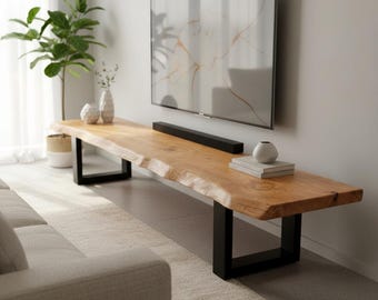 Handmade Live Edge Wood TV Stand, Rustic Media Console with Black Wooden Legs