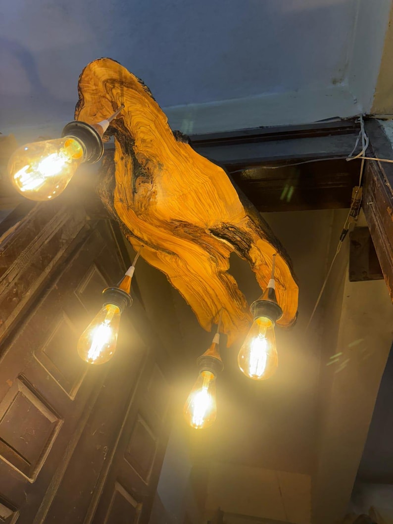 Olive Wood Rustic Chandelier, Handmade Live Edge Ceiling Lamp, Farmhouse Lighting Decor image 10