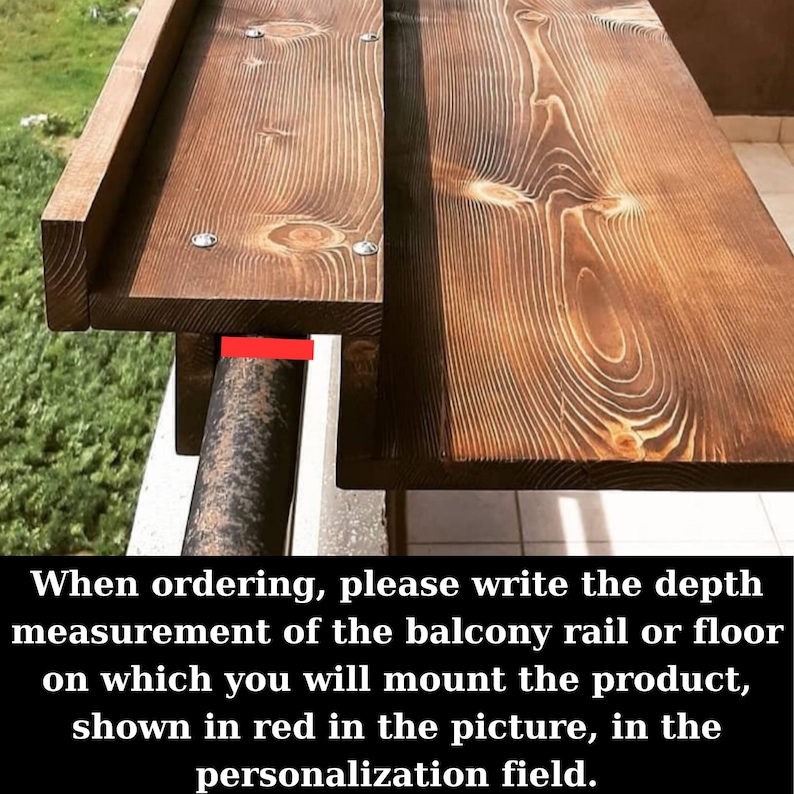 May include: A wooden shelf with a metal bracket, designed to be mounted on a balcony railing or floor. The shelf is made of natural wood with a rustic finish. The metal bracket is shown in red in the image.