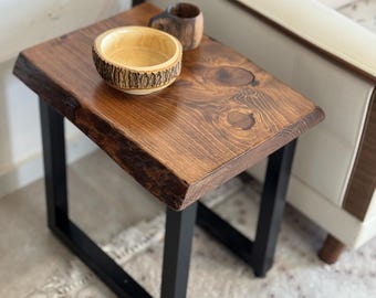 Handmade Live Edge Wood Side Table: Rustic Metal Leg Accent Table