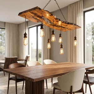 Olive Wood Chandelier, Handmade Live Edge Ceiling Light, Rustic Dining Room Lamp