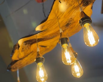 Olive Wood Rustic Chandelier, Handmade Live Edge Ceiling Lamp, Farmhouse Lighting Decor