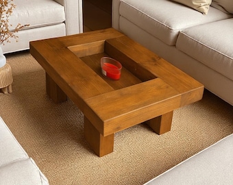 Handmade Solid Wood Coffee Table with Recessed Center, Rustic Centerpiece Table, Farmhouse Living Room Furniture