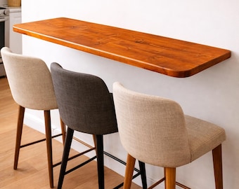 Wall Mounted Solid Wood Bar Table, Handmade Floating Breakfast Desk, Minimal Kitchen Dining Shelf