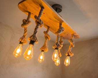 Lámpara de araña rústica de madera, lámpara colgante de cuerda, lámpara de techo artesanal estilo granja.