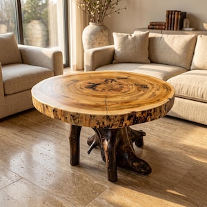May include: A round coffee table featuring a natural wood grain slab top with visible rings and a dark, textured live edge. The base is constructed from a dark, polished tree stump with multiple root-like legs that provide structural support.