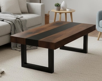 Solid Walnut Coffee Table, Modern Rectangle Wood Table with Metal Legs, Living Room Centerpiece