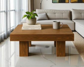 Solid Wood Coffee Table, Handmade Low Table with Thick Legs, Modern Minimalist Center Table, Rustic Living Room Furniture