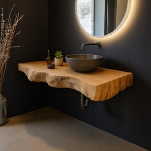 Live Edge Wood Bathroom Vanity, Wall Mounted Natural Solid Wood Sink Shelf, Rustic Floating Vanity Countertop for Vessel Sink