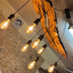 Rustic Olive Wood Chandelier with Edison Bulbs, Handmade Ceiling Light, Live Edge Pendant Lighting for Dining Room or Kitchen