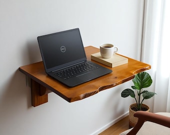 Live Edge Wall Mounted Folding Desk with Shelf, Space Saving Solid Wood Drop Leaf Table, Rustic Foldable Wall Table for Home Office