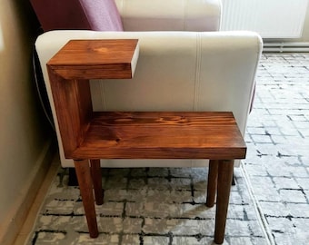 C Shaped Narrow Solid Wood Side Table with Shelves