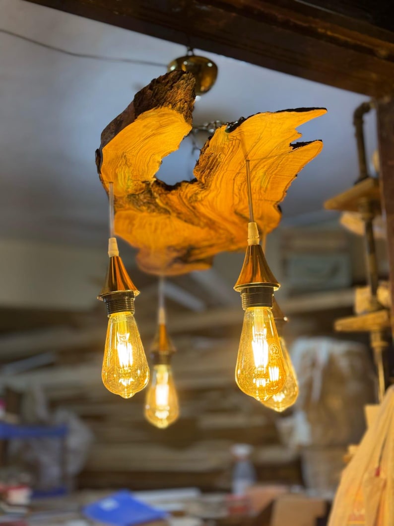 Olive Wood Rustic Chandelier, Handmade Live Edge Ceiling Lamp, Farmhouse Lighting Decor image 9